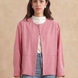 RAREISM Pink Crepe Solid Long Sleeves Jacket-28