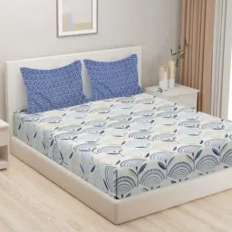 HOSTA HOMES White & Blue Cotton 280 TC King Bedsheet with 2 Coordinated Pillow Covers-image-2