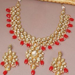 Oomph Red Kundan Bridal Ethnic Necklace & Earring Set-image-66