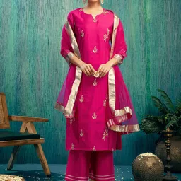 SANISA Ethnic Motifs Embroidered Notch Neck Straight Kurta with Palazzos & Dupatta-image-12