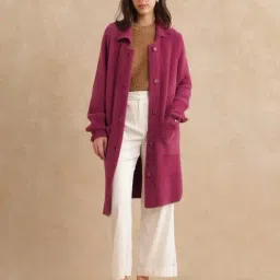 RAREISM Maroon Faux Fur Solid Long Sleeves Jacket-image-32