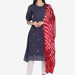 Fourleaf Women Bandhani Printed Cotton A-Line Kurta with Trousers & Dupatta-picture-1