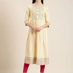 SHOWOFF Yellow Cotton Embroidered Kurta-image-49