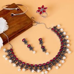 Teejh Pitara Collection Rima Pink Oxidized Jewellery Set-image-58