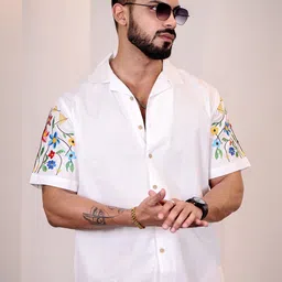 Eszett Floral Self Design Spread Collar Casual Linen Shirt-picture-16