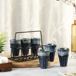 VarEesha Leher Navy Ceramic Tea Cup with Holder (0.13 L) - Set of 6-14