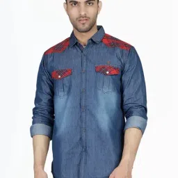 Kuons Avenue Blue & Red Slim Fit Checks Denim Shirt-picture-18