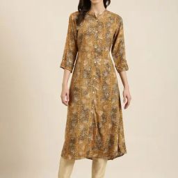 SHOWOFF Mustard Cotton Printed Kurta-image-74