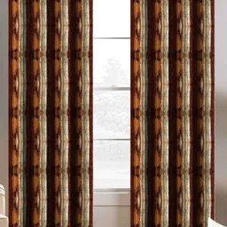BELLA TRUE Brown & Orange 2 Pieces Abstract Printed Ripple Fold Long Door Curtains-image-66