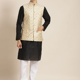 SOJANYA Men Black Ethnic Motifs Chikankari Pure Cotton Kurta with Churidar & Nehru Jacket-picture-55