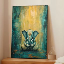 Art Street Green & Beige Meditating Lord Ganesha Canvas Wall Art-52