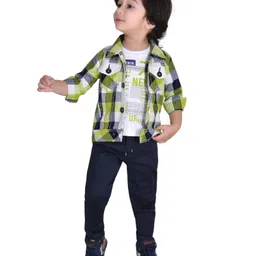 DOTSON Full Sleeves Text Printed Tee With Checked Jacket & Pant - Green & Multi Colour-picture-22