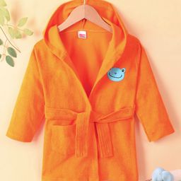 Babyhug Cotton Knit Full Sleeves Hooded Bath Robe Frog Patch - Orange-image-41