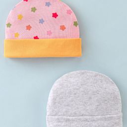Ben Benny Cotton Knit Caps Solid & Star Print Pink & Grey Pack of 2- Diameter 9 cm-image-57