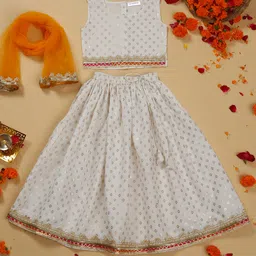 Saka Designs By Sapna Sleeveless Foil Printed Lehenga Choli With Dupatta - White-picture-39