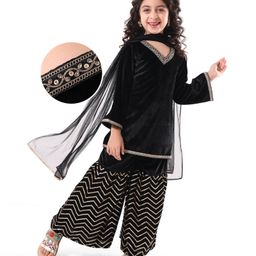 Earthy Touch Velvet Full Sleeves Kurta Gharara Set with Dupatta - Black-image-53
