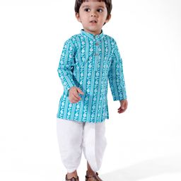 EARTHY TOUCH Cotton Woven Full Sleeves Floral Printed Kurta Dhoti Set - Blue-image-91