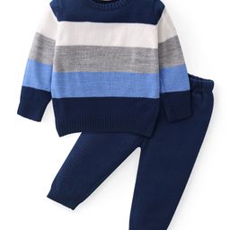 Babyhug Knit Full Sleeves Striped Sweater & Pant Set - Blue-image-61