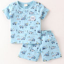CUCUMBER Sinker Knit Half Sleeves Night Suit Vehicle Print - Blue-image-0