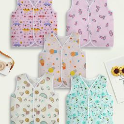 Baby Moo 100% Cotton Pack Of 5 Sleeveless Vehicles & Chocolates Printed Jhablas - Pink Yellow Green & Orange-6