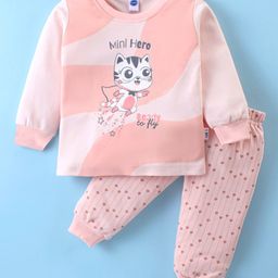 Teddy Sinker Knit Full Sleeves Night Suit with Heart Print - Peach-image-57