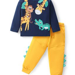 Babyhug Cotton Knit Full Sleeves T-Shirt & Lounge Pants Set With Animals Print - Blue & Yellow-picture-13