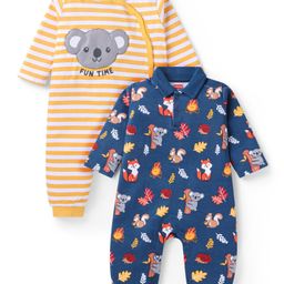 Babyhug 100% Cotton Knit Full Sleeves Striped & Animal Printed Romper Pack of 2 - Orange & Navy Blue-image-83