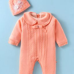 Yellow Apple Knit Full Sleeves Peter Pan Romper with Bow Applique & Cap - Peach-image-51