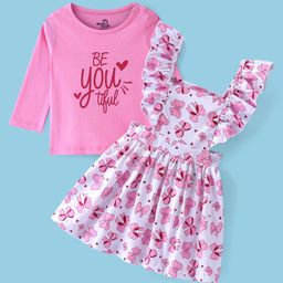 Doodle Poodle Cotton Knit Floral Printed Frock with Full Sleeves T-Shirt - Dark Pink-image-54