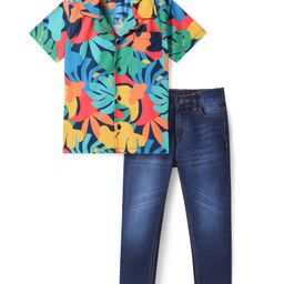 Pine Kids Knit Half Sleeves Shirt with Jeans Floral Print - Red & Navy Blue-image-79