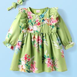 Babyhug Woven Full Sleeves Frock With Floral Print & Hairband - Green-image-98