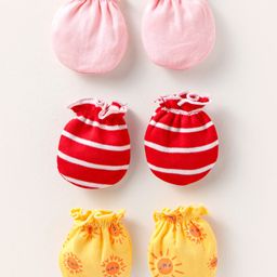 Ben Benny Interlock Knit Mittens Set with Sun Print & Stripes Pack of 3 - Pink Red & Yellow-7