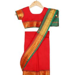 Little Ginnie Kanjivaram Zari Border Detailed Saree With Half Sleeves Blouse - Red-image-46
