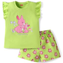 Babyhug Cotton Knit Frill Sleeves Night Suit with Bunny Print - Green-image-59