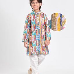 EARTHY TOUCH Woven Full Sleeves Kurta Pyjama Set With Abstract Print & Lace Detailing - Blue & White-image-58