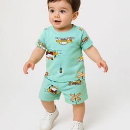 Mark & Mia Cotton Knit Half Sleeves Shorts Night Suit with Vehicle Print - Light Green-image-24