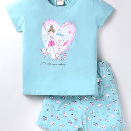 Cucumber Sinker Knit Half Sleeves Shorts Night Suit with Painting Print - Light Blue-image-39