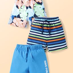 Babyhug Single Jersey Knit Shorts with Stripes & Tropical Print Pack of 3 - Black & Blue-image-4