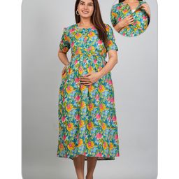 Kaheksa Cotton Half Sleeves Floral Printed Maternity Dress With Nursing Access - Green-image-11