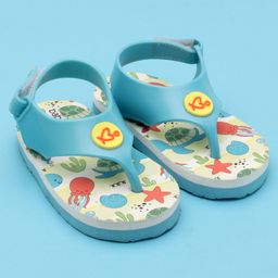 Babyoye Flip Flops with Velcro Closure & Sea Life Theme Print - Sky Blue & White-image-45