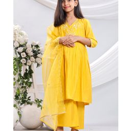 misbis Silk Blended Three Fourth Sleeves Floral Embroidered & Sequins Embellished Kurta & Palazzo With Dupatta Set - Yellow-image-66