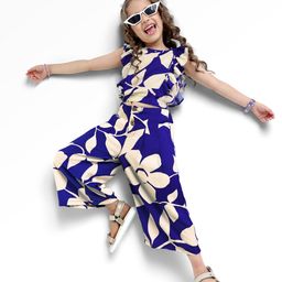 Ollington St. Woven Leaf Printed Co-Ord Set Of Frill Sleeves Top & Culotte Pant - Navy Blue & White-image-59