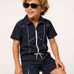 OLLINGTON ST. Lycra Co-Ord Set Of Half Sleeves Shirt & Shorts with Stripe Detailing - Navy Blue-image-40