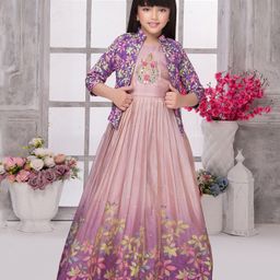 Tiny Kingdom Georgette Floral Embroidered Tropical Theme Printed Sequins Embellished Ombre Gown With Three Fourth Sleeves Jacket - Lavender-image-58