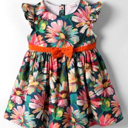 Babyhug Cotton Knit Frill Sleeves Frock With Floral Print & Bow Applique - Navy Blue-image-44