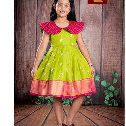 Bhartiya Paridhan Silk Woven Sleeveless Pleated Ethnic Dress With Peacock Embroidery - Lime Green-picture-35