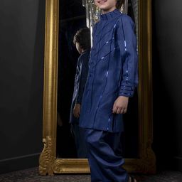 HOITY MOPPET Boys Embroidered Mandarin Collar Linen Kurta With Trousers-image-34