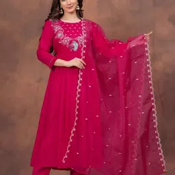 Happy Design Women Ethnic Motifs Embroidered A-Line Kurta with Trousers & Dupatta-picture-16