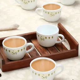 Larah by BOROSIL White & Yellow 6 Pieces Printed Opalware Glossy Cups And Mugs 140ML-26