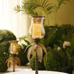 Pure Home and Living Gold Antique Finish Palm Leaf Glass Hurricane (Large)-image-5